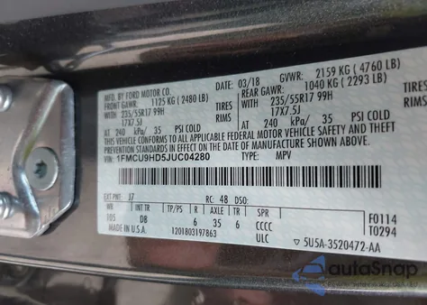 2018 Ford Escape Sel from USA, damaged, VIN 1FMCU9HD5JUC04280